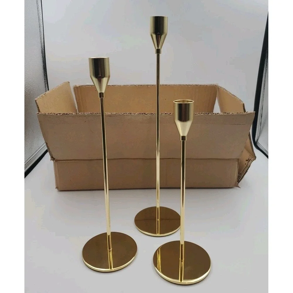 Set of 24 Classic Skinny Tall Taper Stick Candle Holders French Gold 3 Sizes
